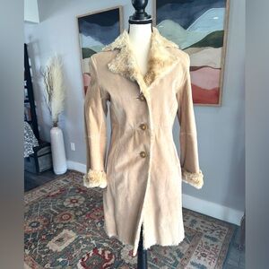 Guess Tan Leather Faux Fur-Trimmed Coat